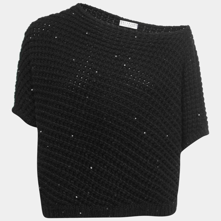 Pre Owned Brunello Cucinelli Black Sequined Cashmere Asymmetrical Knit Top L