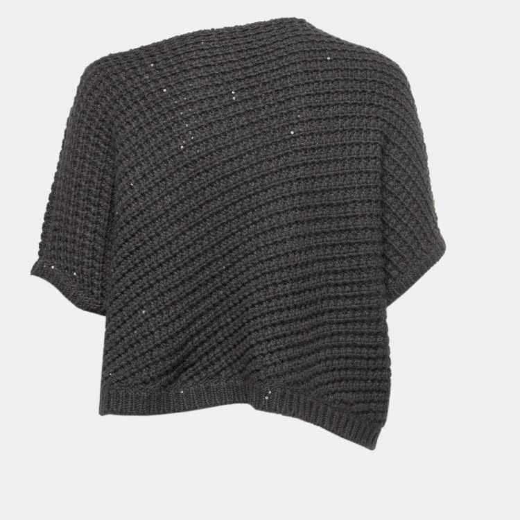 Pre Owned Brunello Cucinelli Grey Sequined Cashmere Asymmetrical Knit Top M