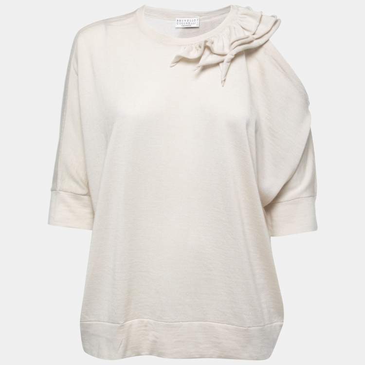 Pre Owned Brunello Cucinelli Cream Cashmere & Silk Ruffled Cut-out Sweater L