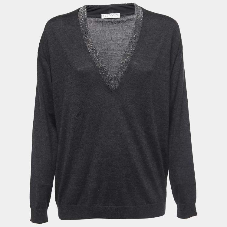 Pre Owned Brunello Cucinelli Charcoal Grey Cashmere Bead Embellished V-Neck Sweater L