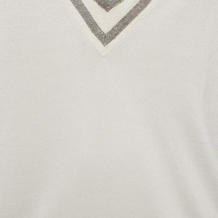 مملوكة مسبقًا Brunello Cucinelli White Cashmere Embellished V-Neck Jumper L