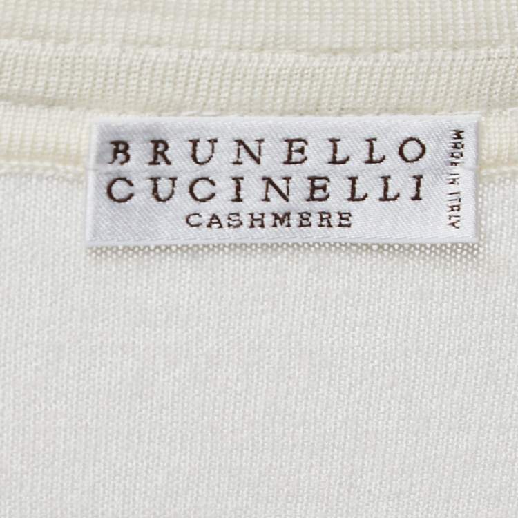 مملوكة مسبقًا Brunello Cucinelli White Cashmere Embellished V-Neck Jumper L