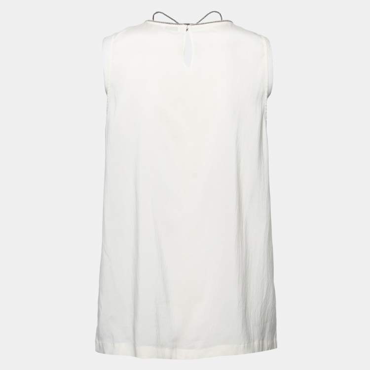 Pre Owned Brunello Cucinelli White Silk Beaded Strings Sleeveless Top XL