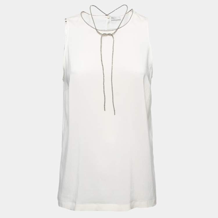 Pre Owned Brunello Cucinelli White Silk Beaded Strings Sleeveless Top XL