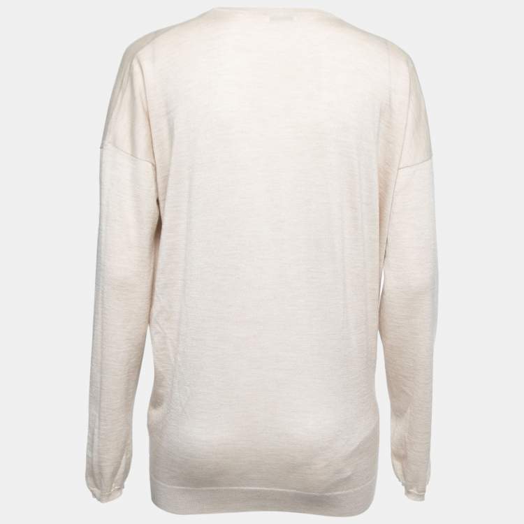 Pre Owned Brunello Cucinelli Beige Cashmere & Silk Deep V-Neck Layering Sweater XL