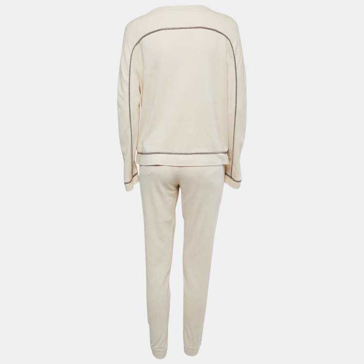 Pre Owned Brunello Cucinelli Cream Stretch Cotton Top & Joggers Set M