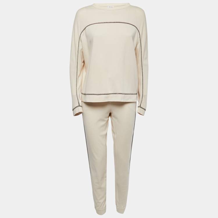 Pre Owned Brunello Cucinelli Cream Stretch Cotton Top & Joggers Set M