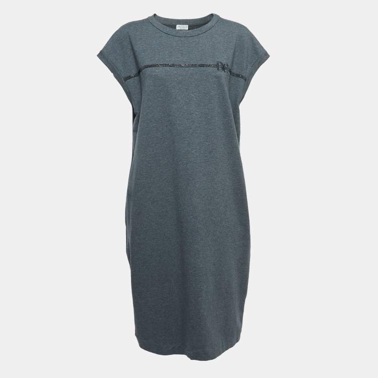 Pre Owned Brunello Cucinelli Grey Logo Embroidered Cotton Sleeveless Short Dress XXL