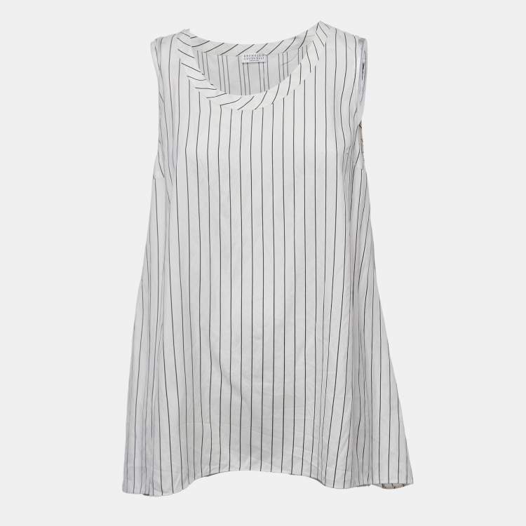 Pre Owned Brunello Cucinelli Off White Striped Sleeveless A-Line Blouse M