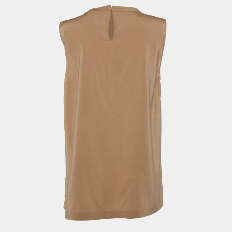 Pre Owned Brunello Cucinelli Beige Silk High Neck Sleeveless Top L