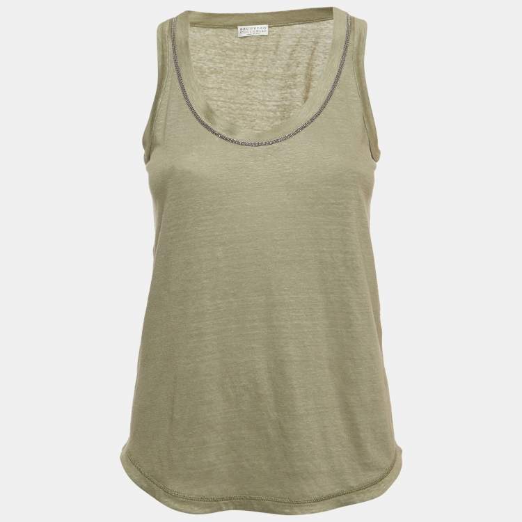 Pre Owned Brunello Cucinelli Green Linen Blend Beaded Sleeveless Top XS
