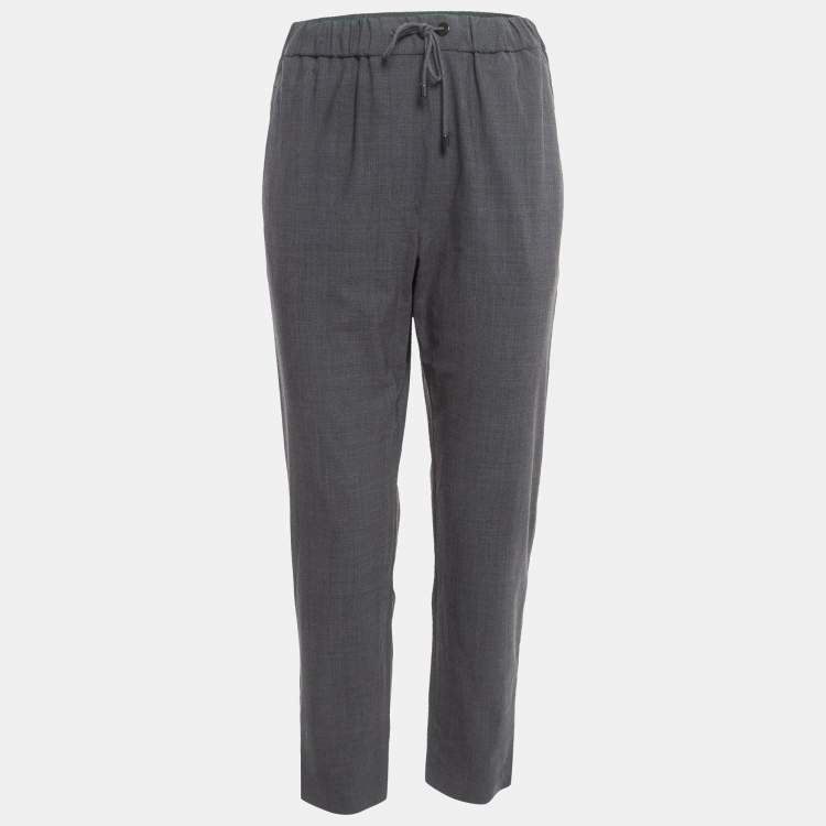 Pre Owned Brunello Cucinelli Grey Wool Blend Side Stripe Detailed Drawstring Trousers M