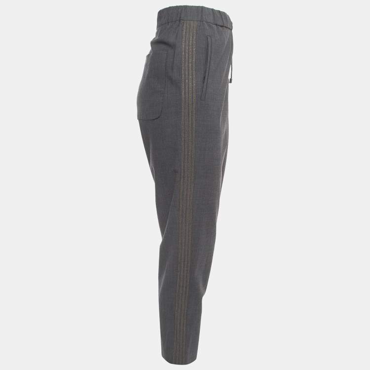 Pre Owned Brunello Cucinelli Grey Wool Blend Side Stripe Detailed Drawstring Trousers M