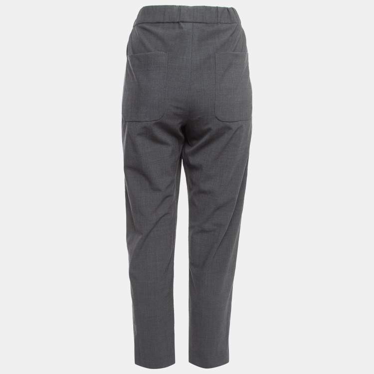 Pre Owned Brunello Cucinelli Grey Wool Blend Side Stripe Detailed Drawstring Trousers M