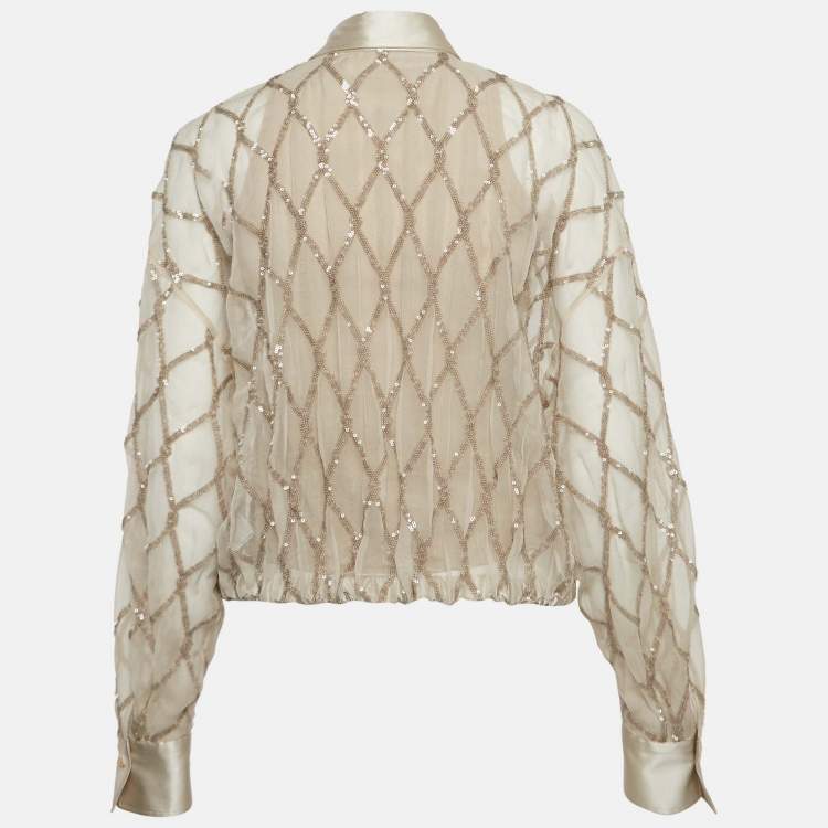 Pre Owned Brunello Cucinelli Beige Argyle Sequined Silk Shirt M