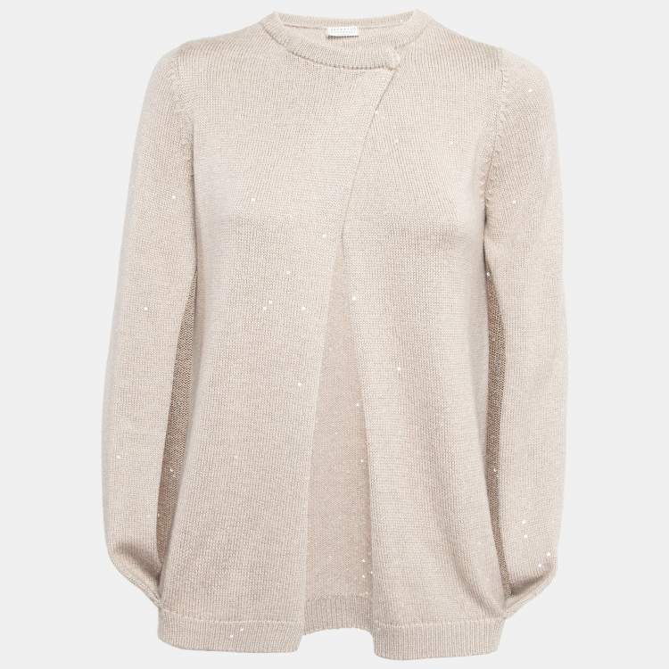 Pre Owned Brunello Cucinelli Grey Rib Knit Sequin Embellished Sleeveless Cardigan M