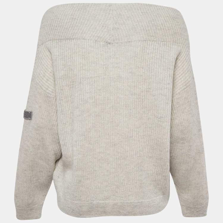 Pre Owned Brunello Cucinelli Grey Applique Lurex Knit V-Neck Sweater XS