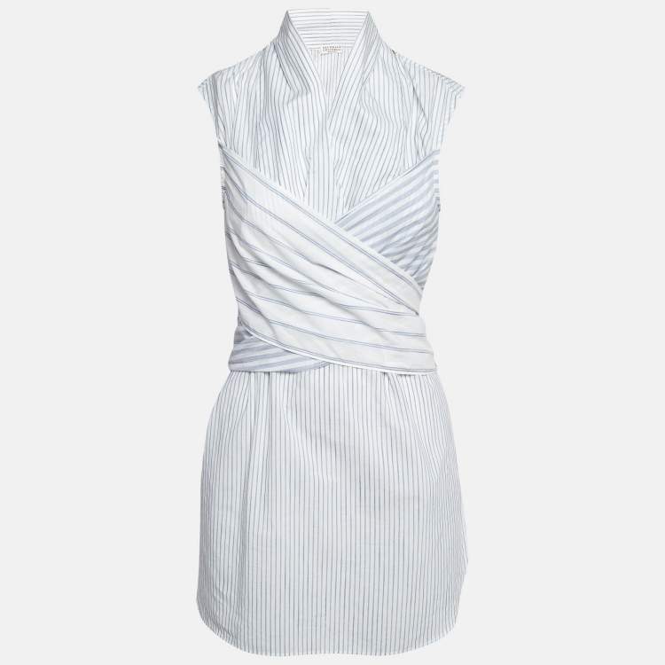 Pre Owned Brunello Cucinelli White/Blue Pinstripe Cotton Draped Sleeveless Blouse M