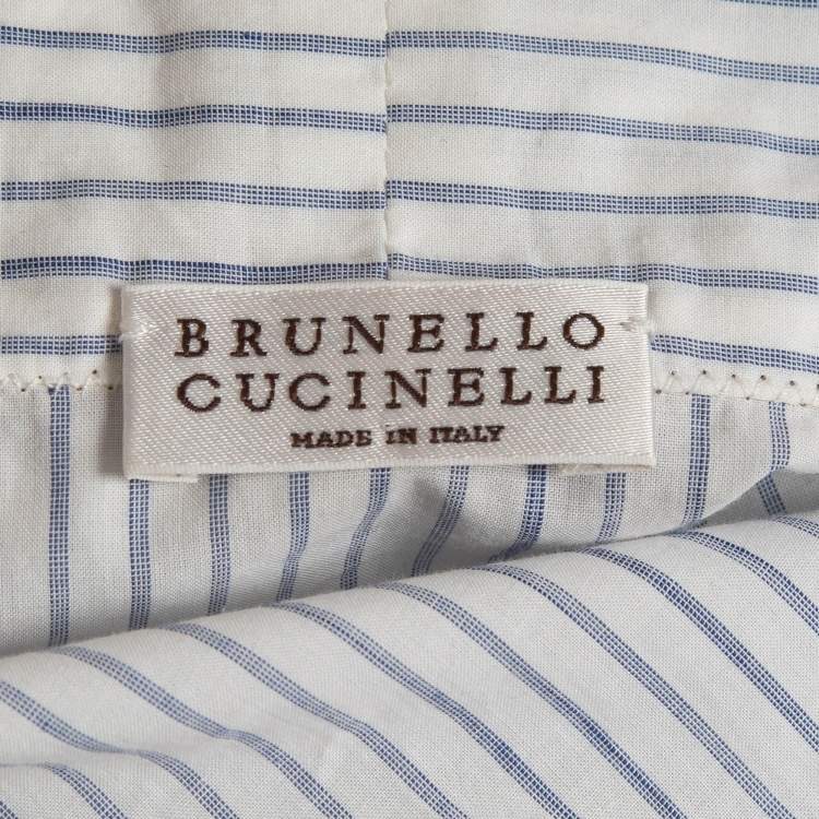 Pre Owned Brunello Cucinelli White/Blue Pinstripe Cotton Draped Sleeveless Blouse M
