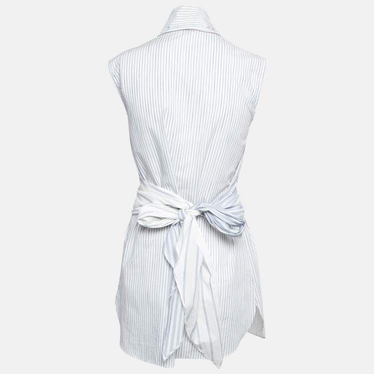 Pre Owned Brunello Cucinelli White/Blue Pinstripe Cotton Draped Sleeveless Blouse M