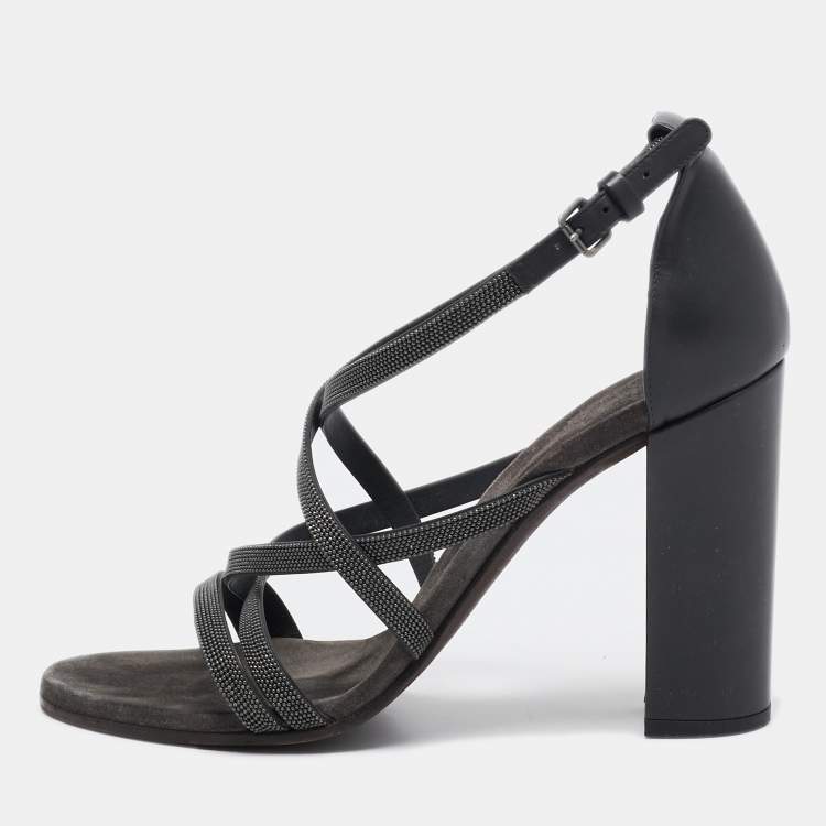 Pre Owned Brunello Cucinelli Grey Leather Embellished Cross Strap Block Heel Sandals Size 39