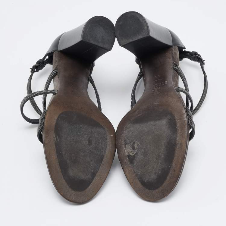Pre Owned Brunello Cucinelli Grey Leather Embellished Cross Strap Block Heel Sandals Size 39