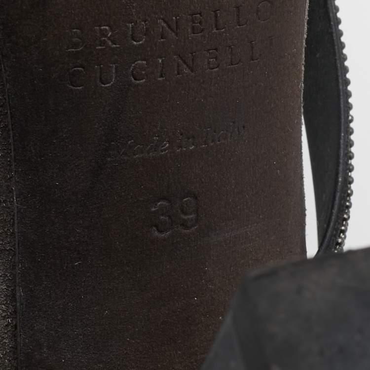 Pre Owned Brunello Cucinelli Grey Leather Embellished Cross Strap Block Heel Sandals Size 39