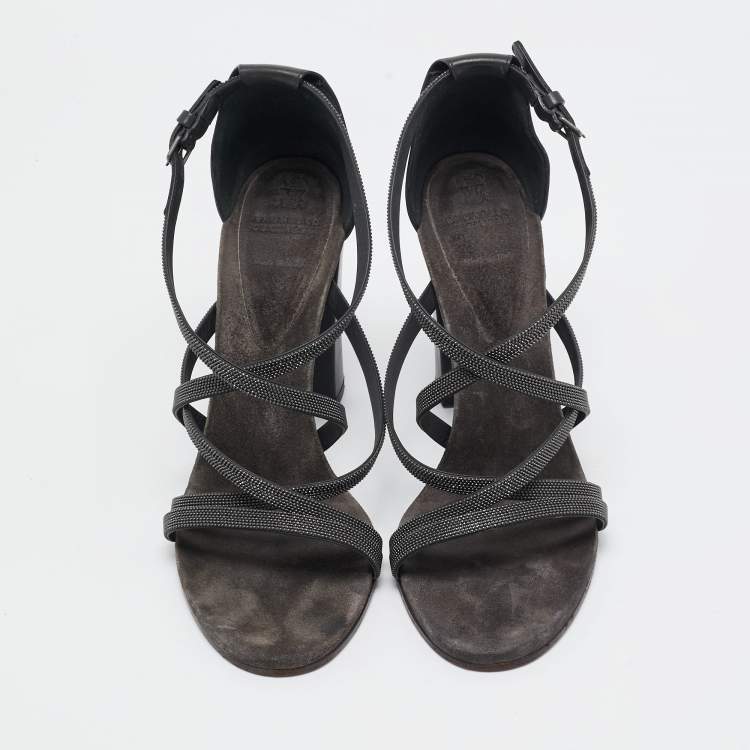 Pre Owned Brunello Cucinelli Grey Leather Embellished Cross Strap Block Heel Sandals Size 39