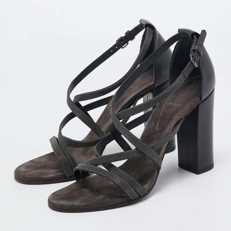 Pre Owned Brunello Cucinelli Grey Leather Embellished Cross Strap Block Heel Sandals Size 39