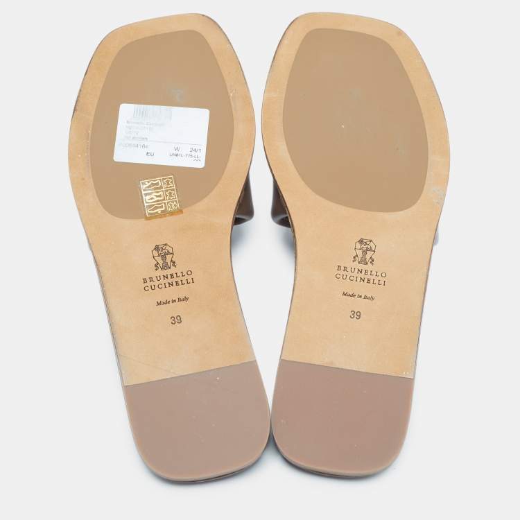 Pre Owned Brunello Cucinelli Brown Leather  Square Toe Flat Slide Size 39