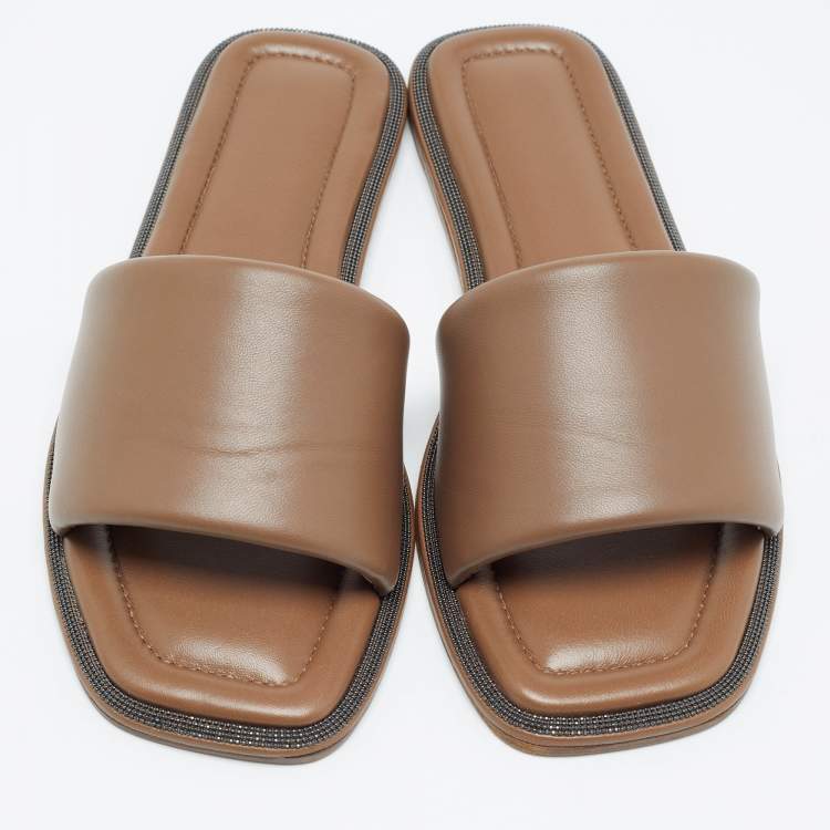 Pre Owned Brunello Cucinelli Brown Leather  Square Toe Flat Slide Size 39