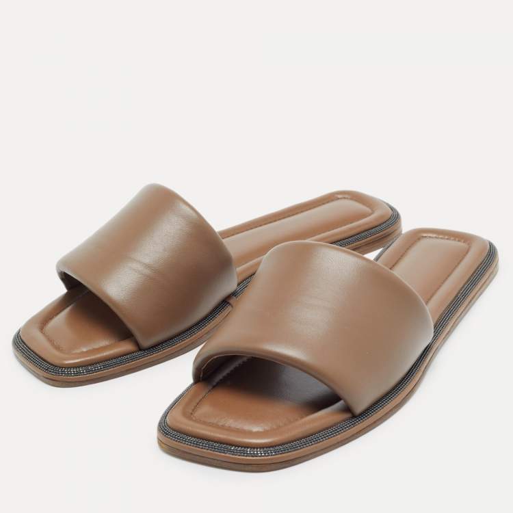 Pre Owned Brunello Cucinelli Brown Leather  Square Toe Flat Slide Size 39