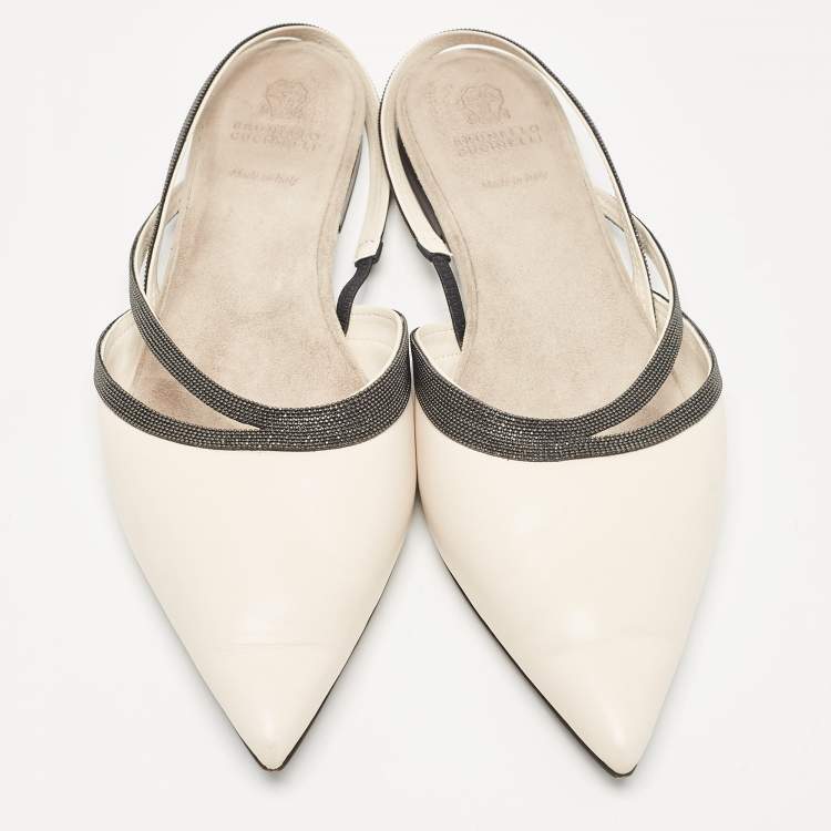 Pre Owned Brunello Cucinelli Cream Leather Embellished Slingback Flats 41