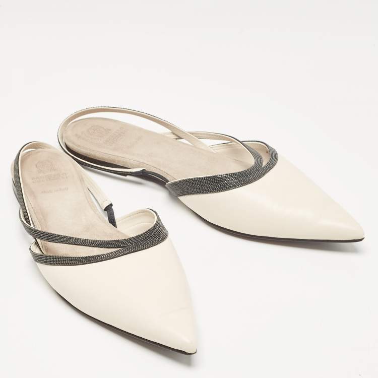 Pre Owned Brunello Cucinelli Cream Leather Embellished Slingback Flats 41