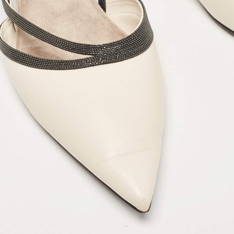 Pre Owned Brunello Cucinelli Cream Leather Embellished Slingback Flats 41