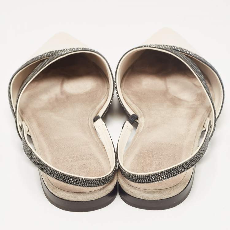 Pre Owned Brunello Cucinelli Cream Leather Embellished Slingback Flats 41