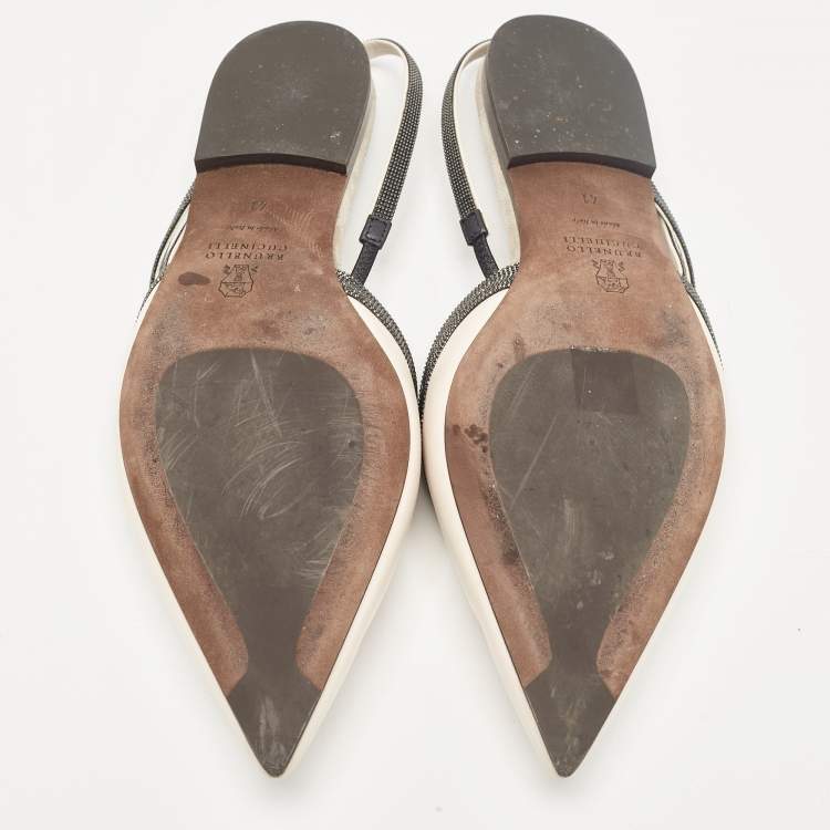 Pre Owned Brunello Cucinelli Cream Leather Embellished Slingback Flats 41