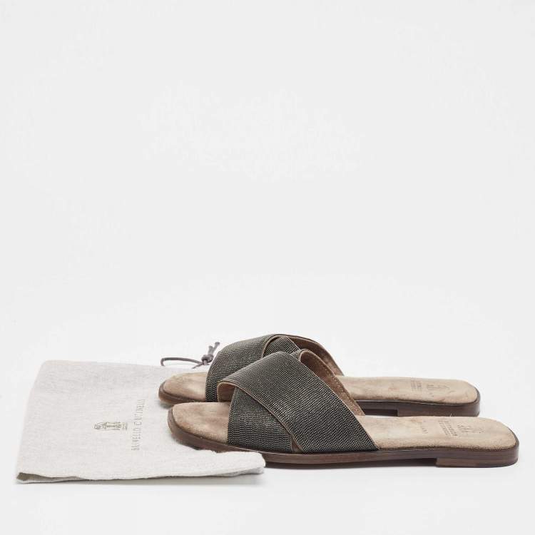 Pre Owned Brunello Cucinelli Metallic Beaded Suede Flat Slides Size 40.5