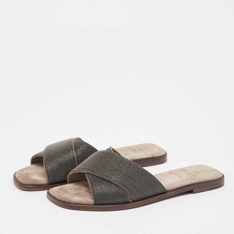 Pre Owned Brunello Cucinelli Metallic Beaded Suede Flat Slides Size 40.5