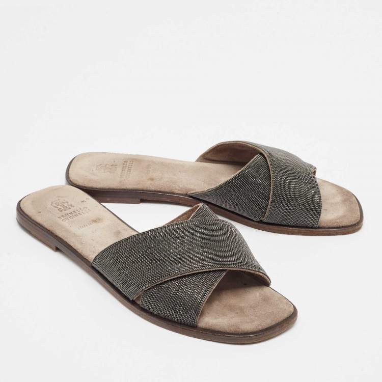 Pre Owned Brunello Cucinelli Metallic Beaded Suede Flat Slides Size 40.5