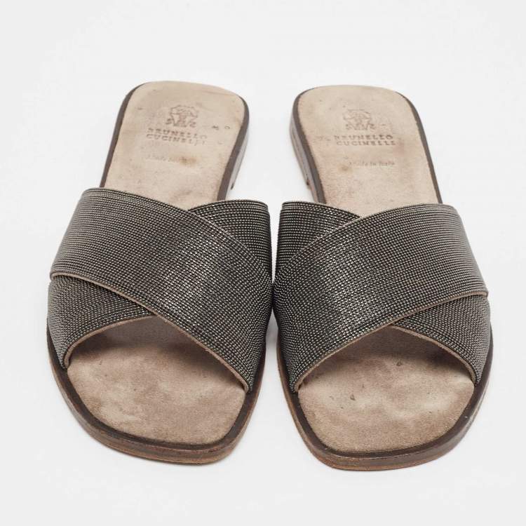Pre Owned Brunello Cucinelli Metallic Beaded Suede Flat Slides Size 40.5