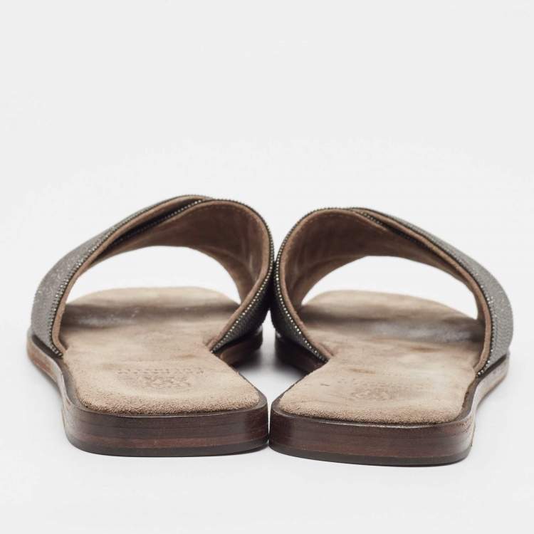 Pre Owned Brunello Cucinelli Metallic Beaded Suede Flat Slides Size 40.5