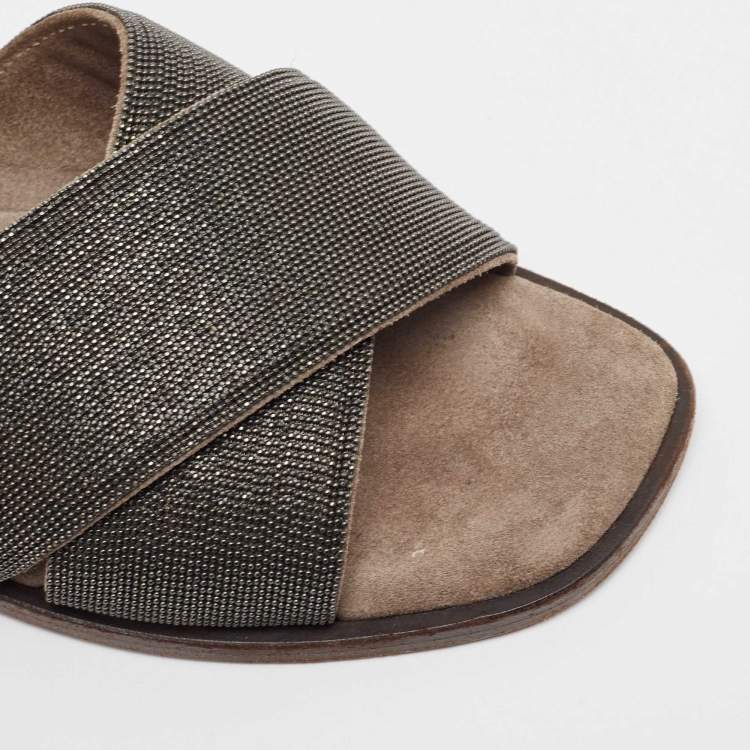 Pre Owned Brunello Cucinelli Metallic Beaded Suede Flat Slides Size 40.5