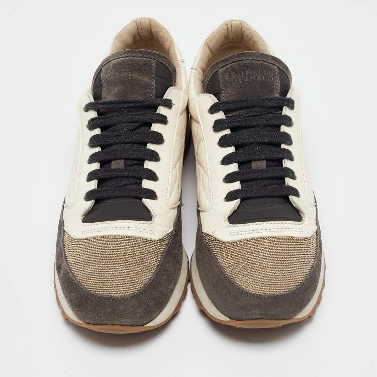 Pre Owned Brunello Cucinelli Grey Fabric and Suede Lace Up Sneakers Size 38