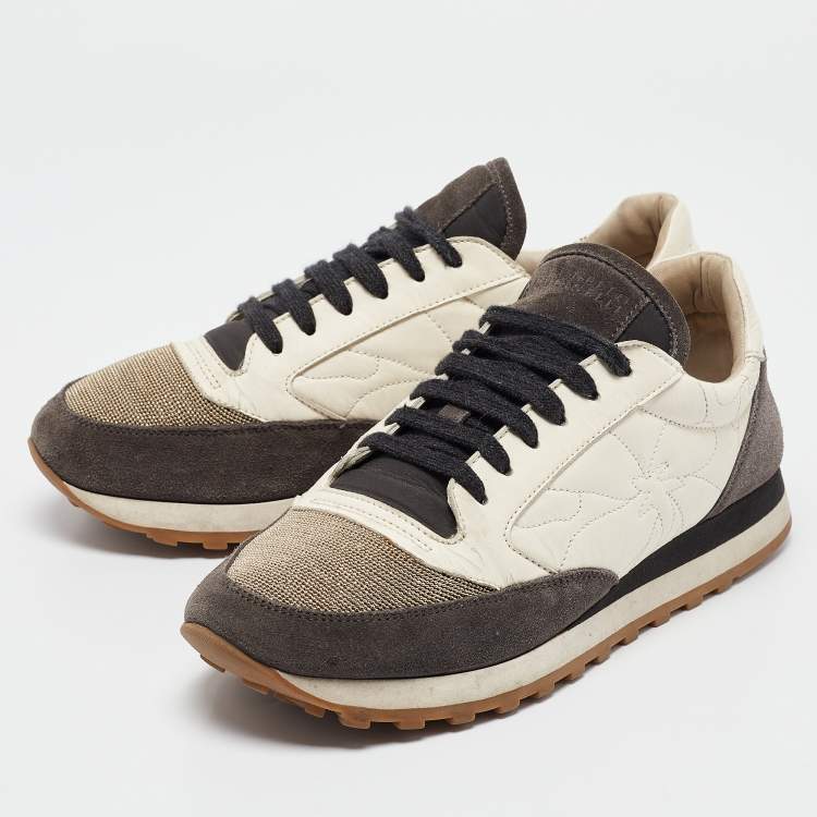 Pre Owned Brunello Cucinelli Grey Fabric and Suede Lace Up Sneakers Size 38