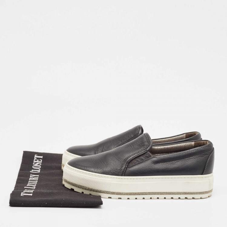 Pre Owned Brunello Cucinelli Black Leather Slip On Sneakers Size 37