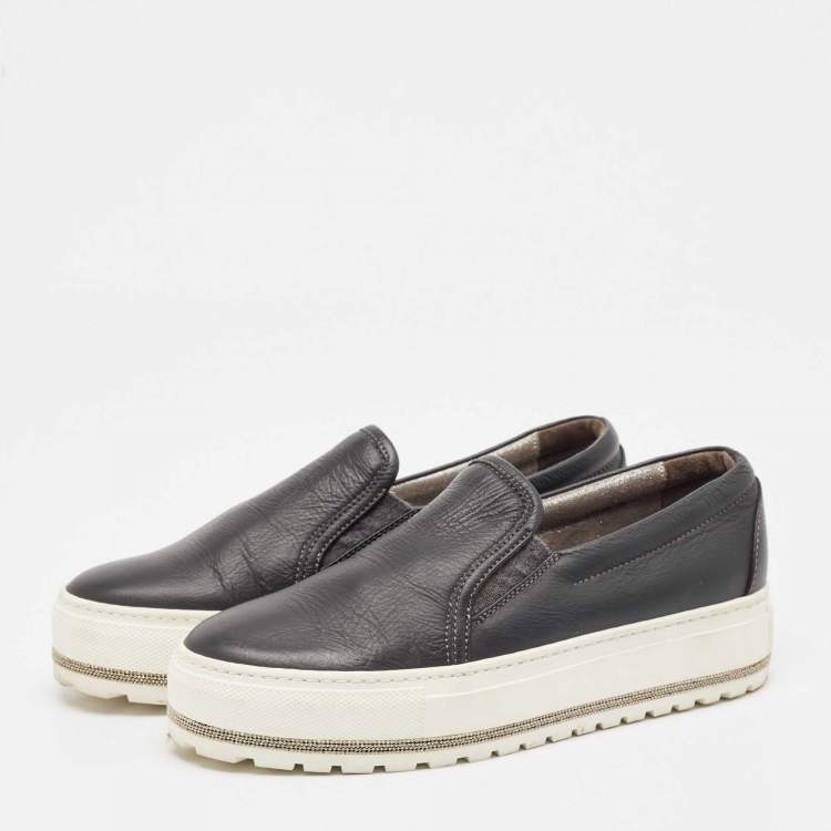 Pre Owned Brunello Cucinelli Black Leather Slip On Sneakers Size 37