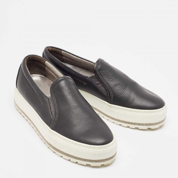 Pre Owned Brunello Cucinelli Black Leather Slip On Sneakers Size 37