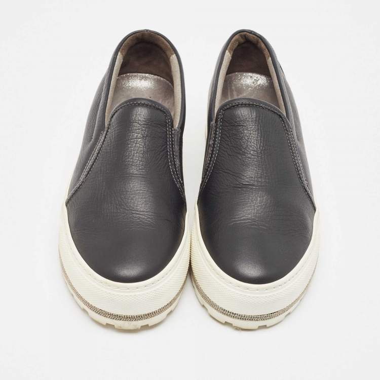 Pre Owned Brunello Cucinelli Black Leather Slip On Sneakers Size 37