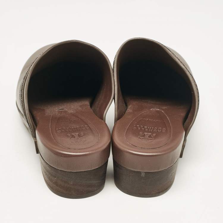 Pre Owned Brunello Cucinelli Dark Brown Leather Platform Clogs Size 39